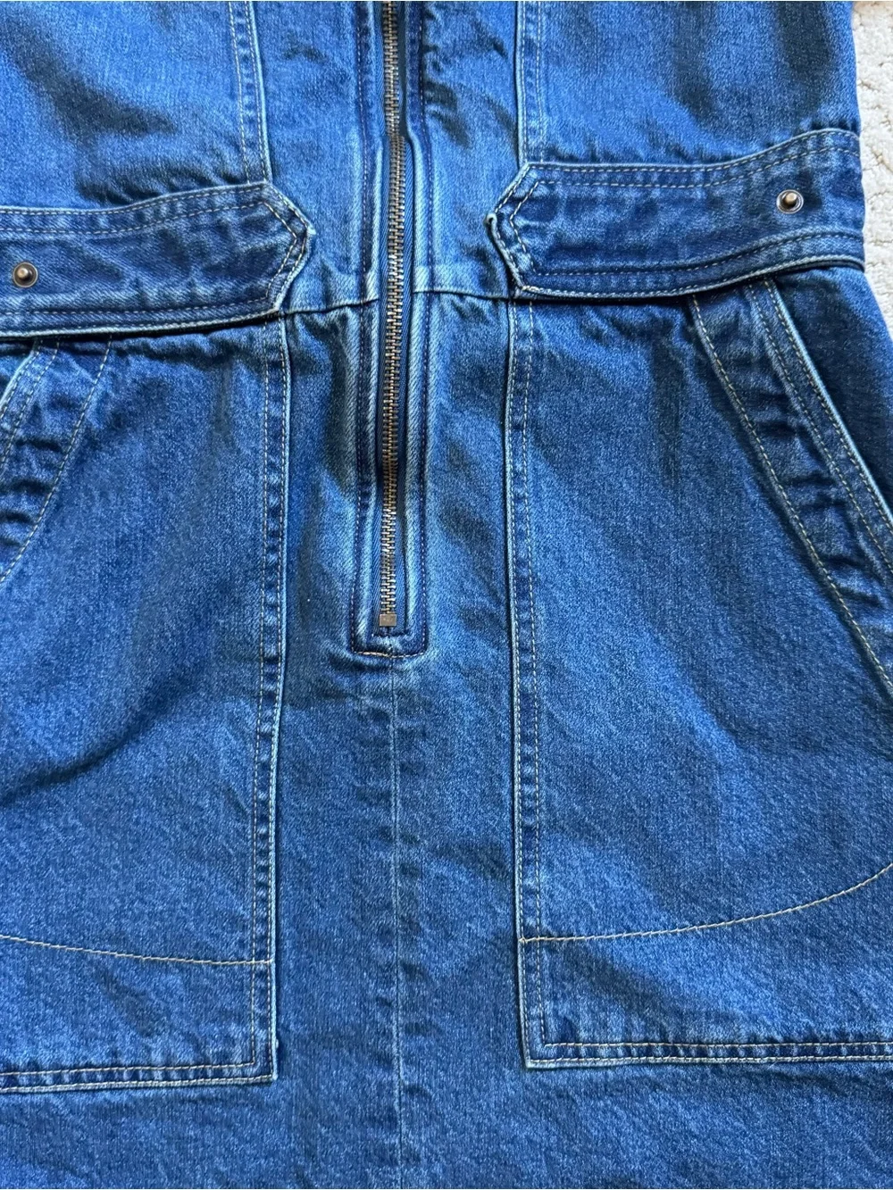 Free People Dream On Mini Denim Jean Dress Zip Front Short Sleeve XS